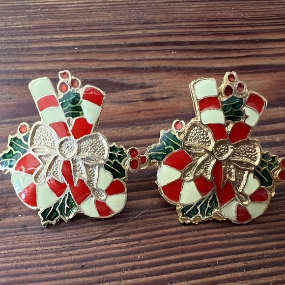 Gold Tone Stud Earrings Candy Canes Bow And Red & Green Wreath Christmas Holiday - Picture 3 of 10